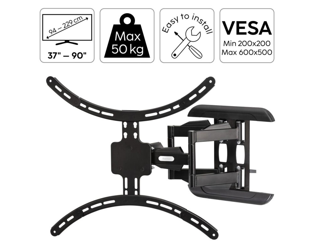 Стойка за TV Hama FULLMOTION, 600x500, 229 см (90") до 50 кг, Мобилна, Черна 19