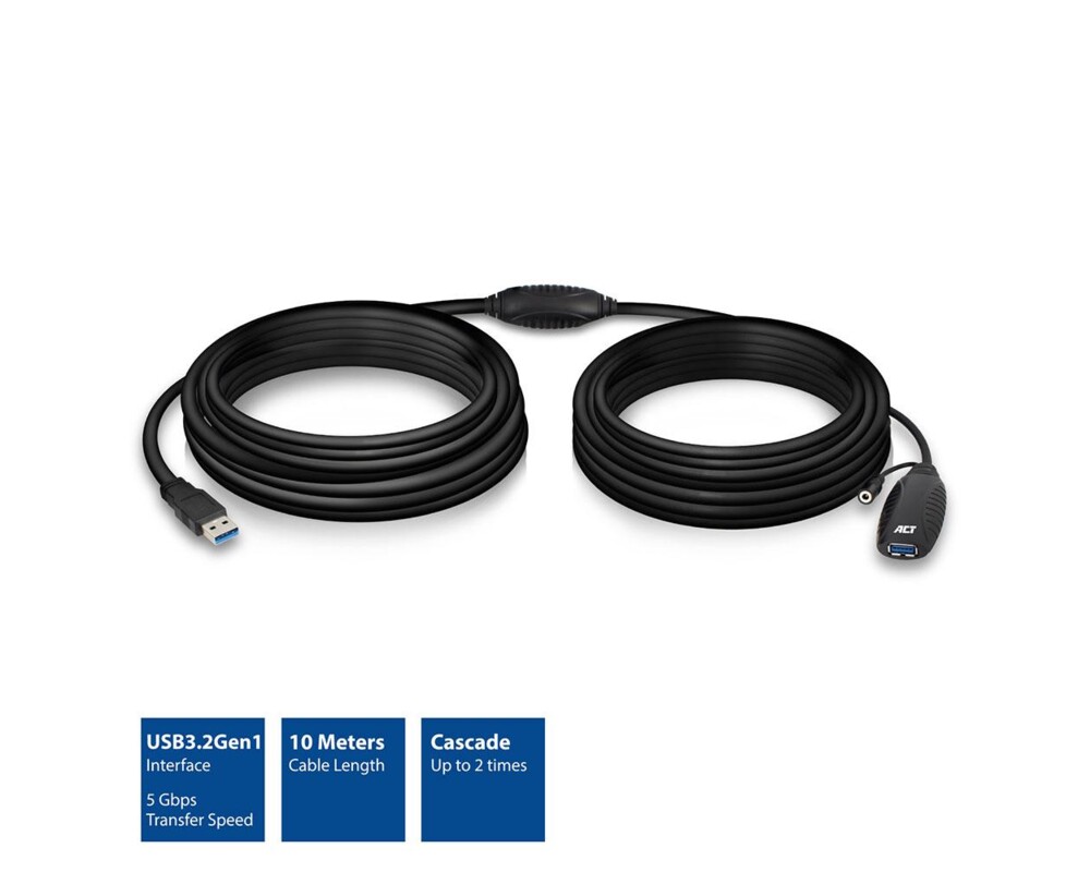 Кабел ACT AC6110, USB-A мъжко - женско, 10 м, 5 Gbps, Черен 2