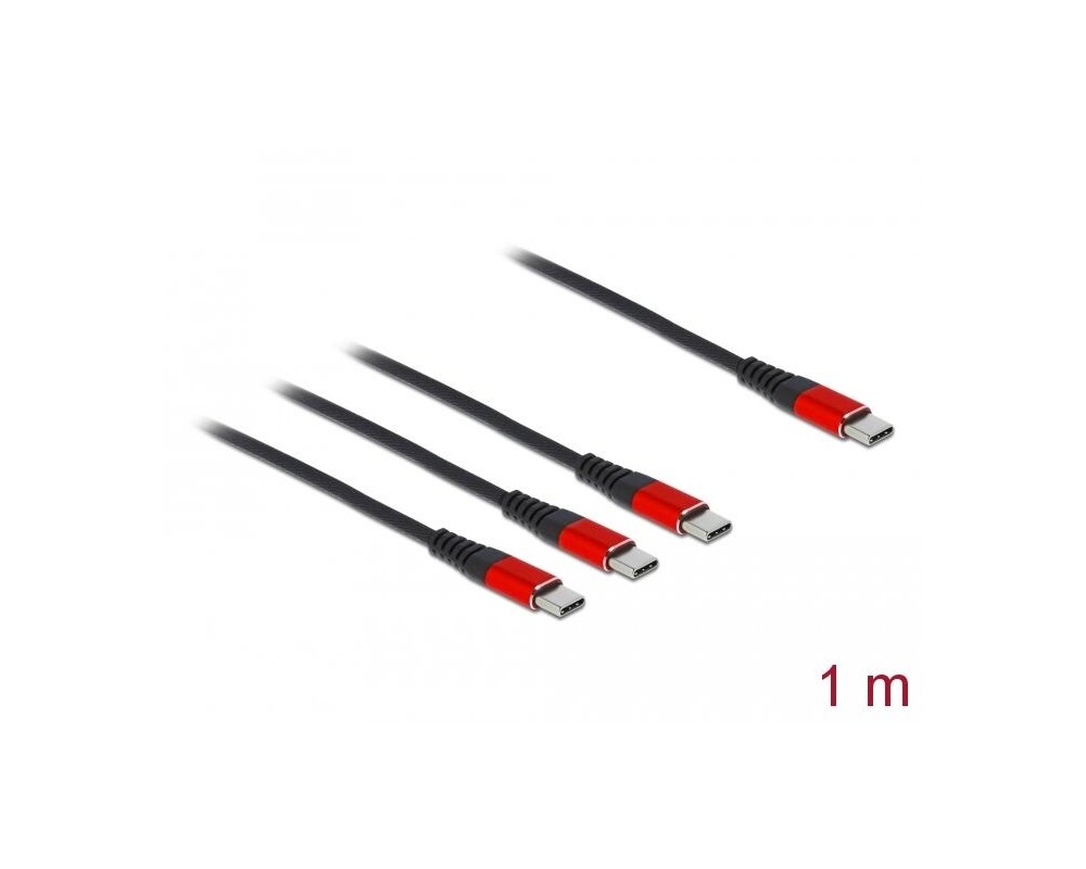 Кабел за зареждане Delock 3 в 1, USB-C - 3 x USB-C, 1м, Черен/Червен 2