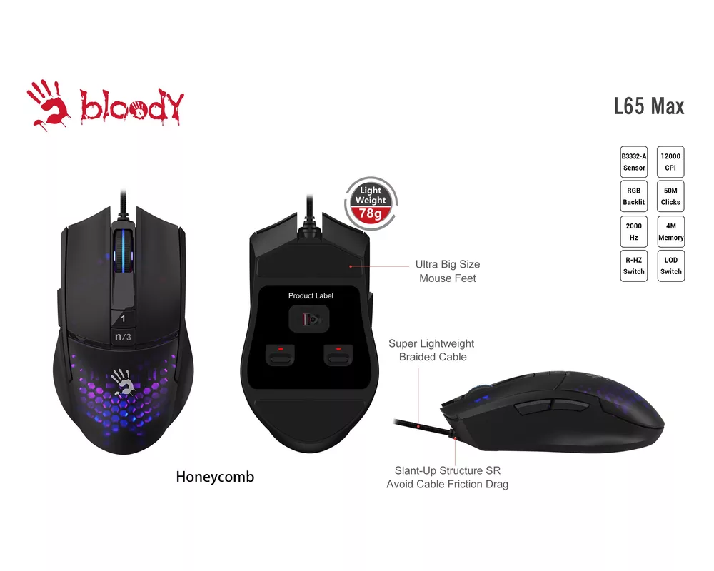 Мишка Геймърска мишка A4tech bloody L65 Max, Жична, 12000 cpi, Honeycomb,Черна 4