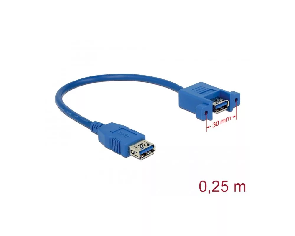 Кабел Delock, За монтиране върху панел, USB-A женско - USB-А женско, 25см 2