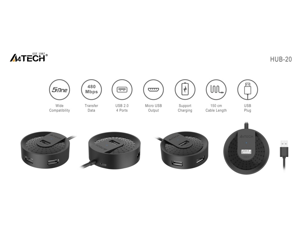 USB хъб A4tech HUB-20, 4 портов, USB 2.0, 480 Mbit/s, Черен 4