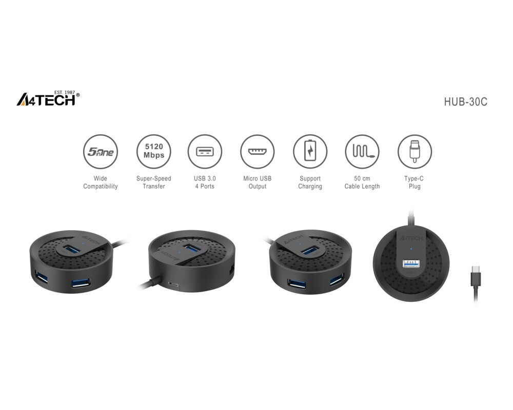 USB хъб A4tech HUB-30C, 4 портов, USB 3.0, 5120 Mbit/s, Черенa 4