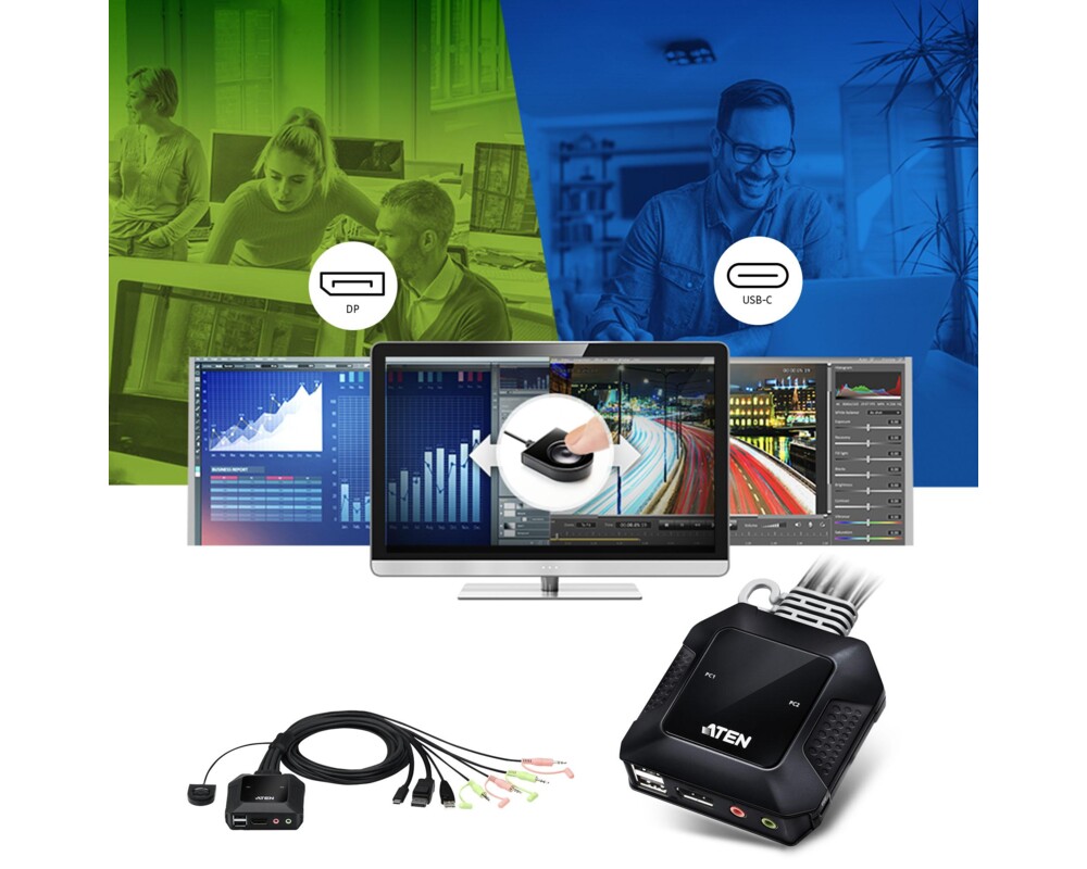 KVM switch Превключвател KVM ATEN CS52DP, Дву портов USB-C DisplayPort  4