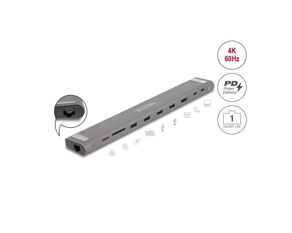 Докинг станция Докинг станция Delock Type-C, 4K - HDMI, USB 3.2 Gen 1, LAN, SD, PD 3.0 3