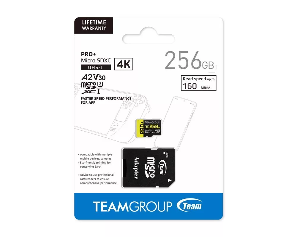 Флаш карта Team Group PRO Plus microSDXC 256GB, UHS-I U3, A2, V30 + SD Адаптер 4