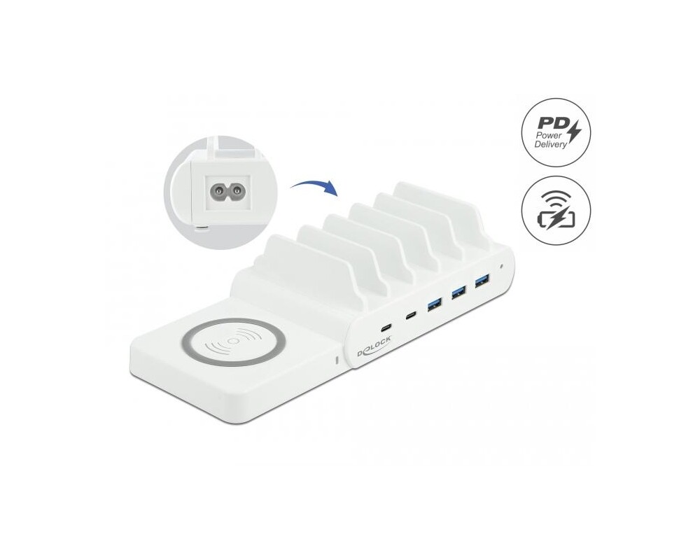 Зарядно USB и безжично  Delock, 2 x USB-C PD, 3 x USB-A 2