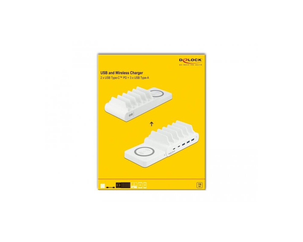 Зарядно USB и безжично  Delock, 2 x USB-C PD, 3 x USB-A 5