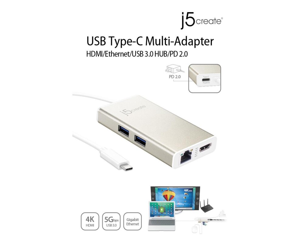 USB хъб Мултипортов USB-C адаптер j5Create JCA374, HDMI, Ethernet, USB 3.0 хъб, PD 2.0 3
