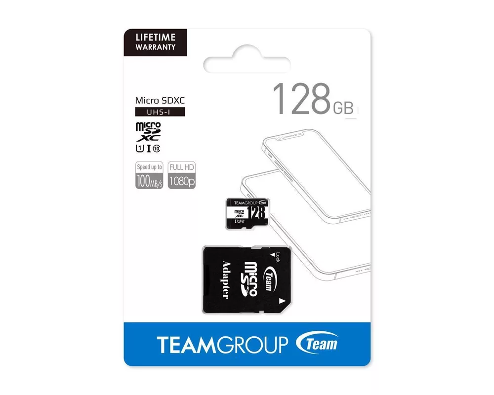 Флаш карта TEAM microSDHC / SDXC Class 10, UHS-I, 128GB, SD адаптер 2