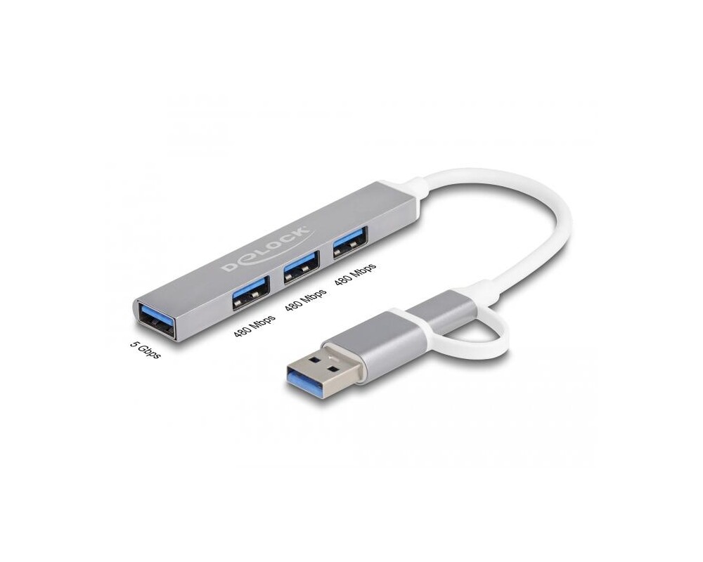 USB хъб Delock, USB-C / USB-A - 3 x USB-A 2.0 + 1 x USB-A 5 Gbps 2