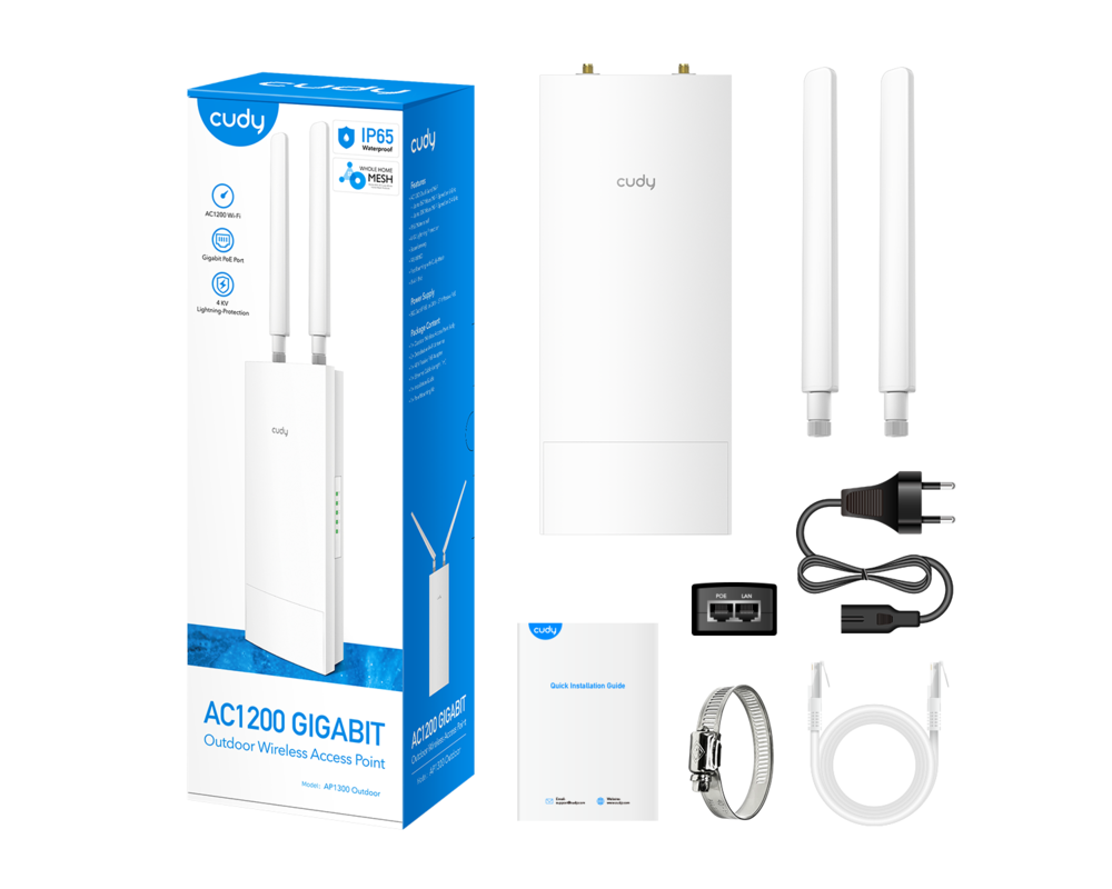 Access point (Точка за достъп) Cudy AP1300-Outdoor, AC1200, 2.4/5 GHz, 300 - 867 Mbps, 1×Gigabit WAN/LAN, PoE 4
