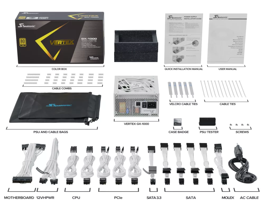 Захранване SEASONIC VERTEX GX-1000 1000W White, 80+ Gold PCIe 5.0, Fully Modular 8