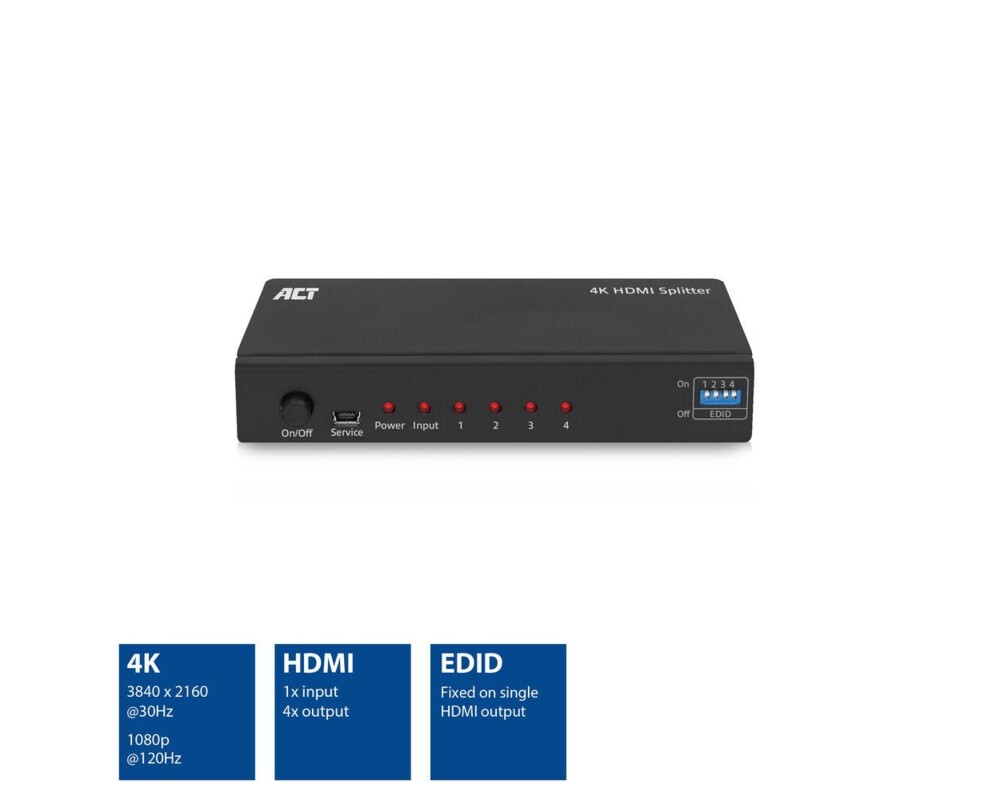 Кабел HDMI Сплитер ACT AC7831, 1 вход 4 изхода., 4K, Черен 2