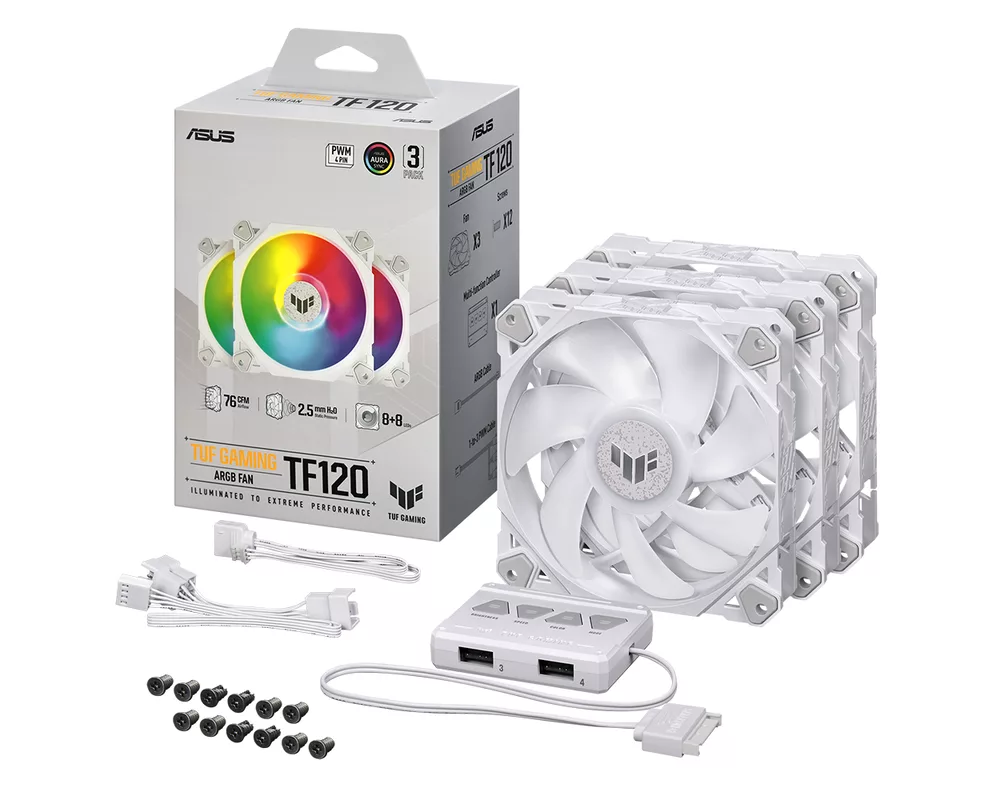 Вентилатор Комплект Вентилатори 3в1 ASUS TUF GAMING TF120 WHITE EDITION, 120mm, 1900 rpm, ARGB 8
