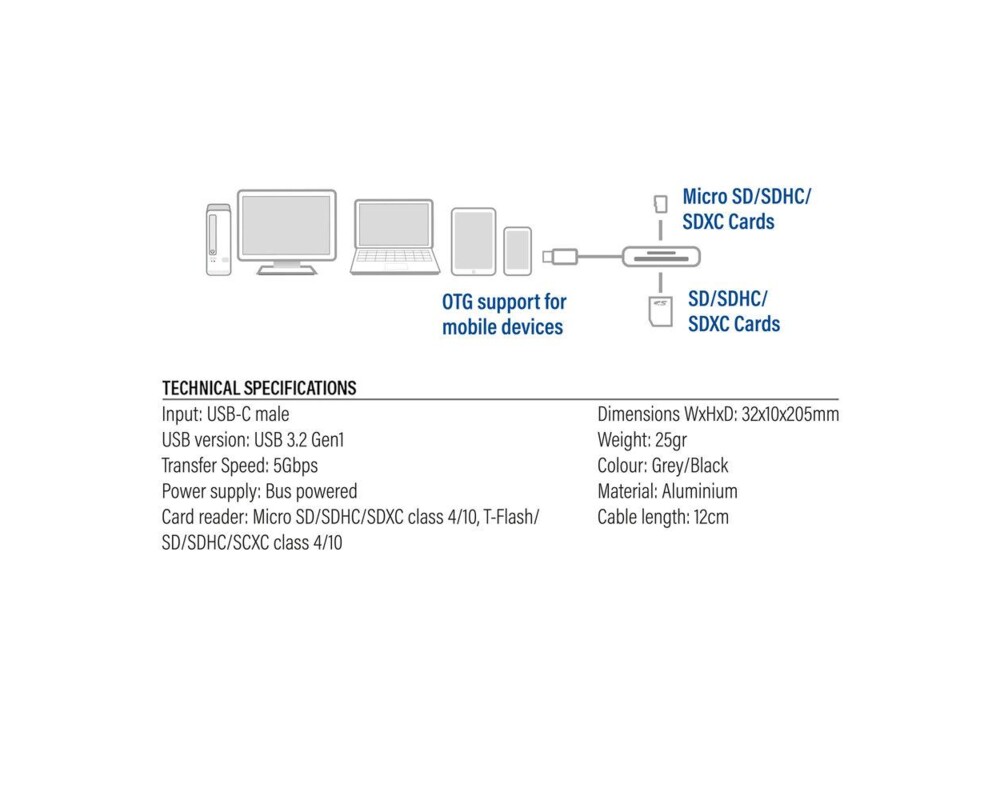 Четец за карти Четец за SD / micro SD карти ACT AC7056, SDXC, USB-C 4