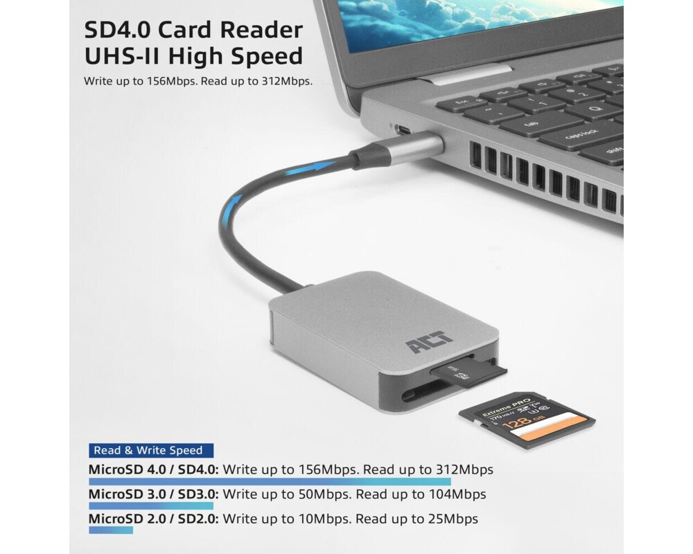Четец за карти Четец за SD / micro SD карти ACT AC7056, SDXC, USB-C 3