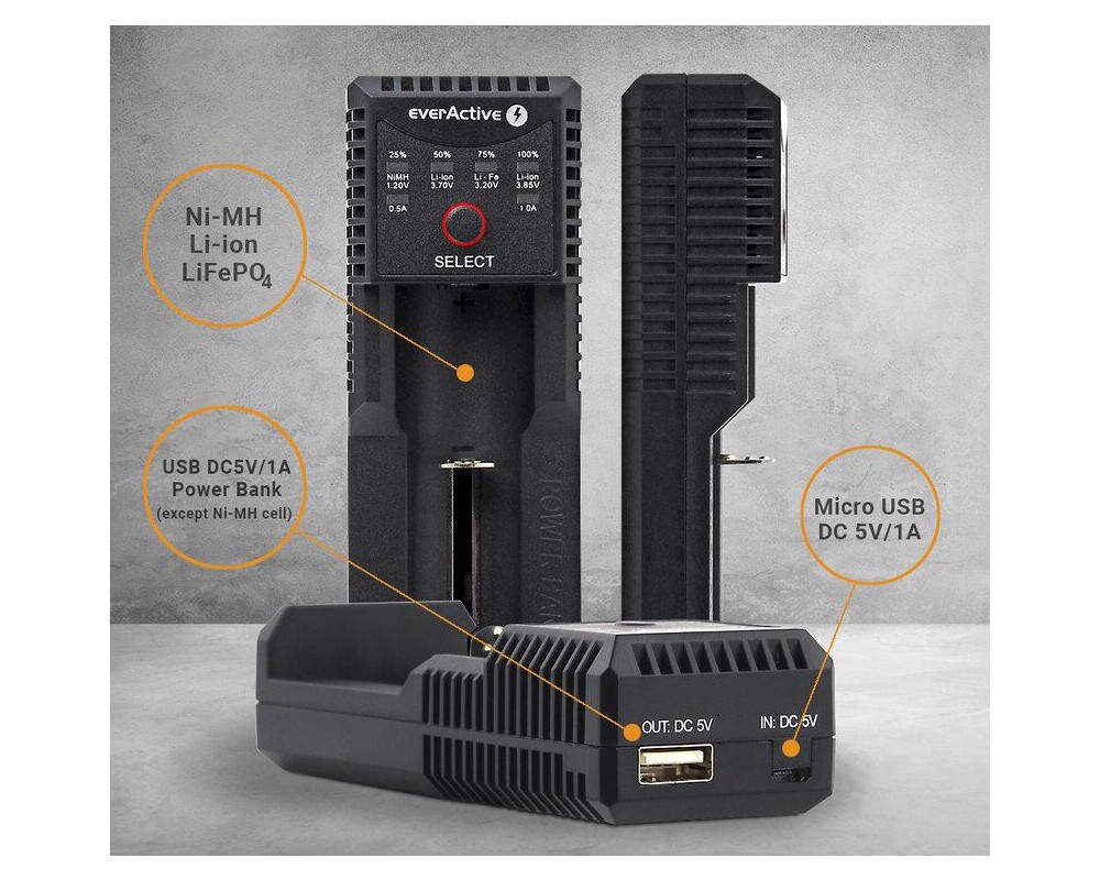 Зарядно  за LiIon/NiMh батерии 3,7v/1.2v универсално 1 гнездо USB micro UC-100 EverActive 5