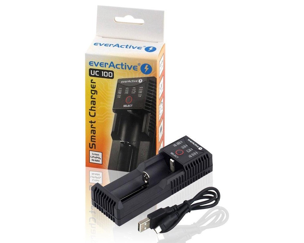 Зарядно  за LiIon/NiMh батерии 3,7v/1.2v универсално 1 гнездо USB micro UC-100 EverActive 2