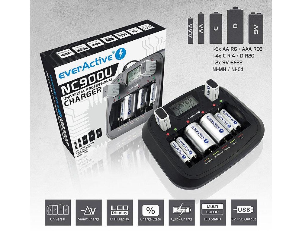 Зарядно  Universal Charger  NIMH R6,03,14,20,22 с микропроцесор NC900U  EVERACTIVE 2
