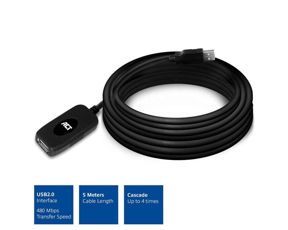 Кабел ACT SB0005, USB-A мъжко - micro USB-B женско, 5.0 м, Черен 3