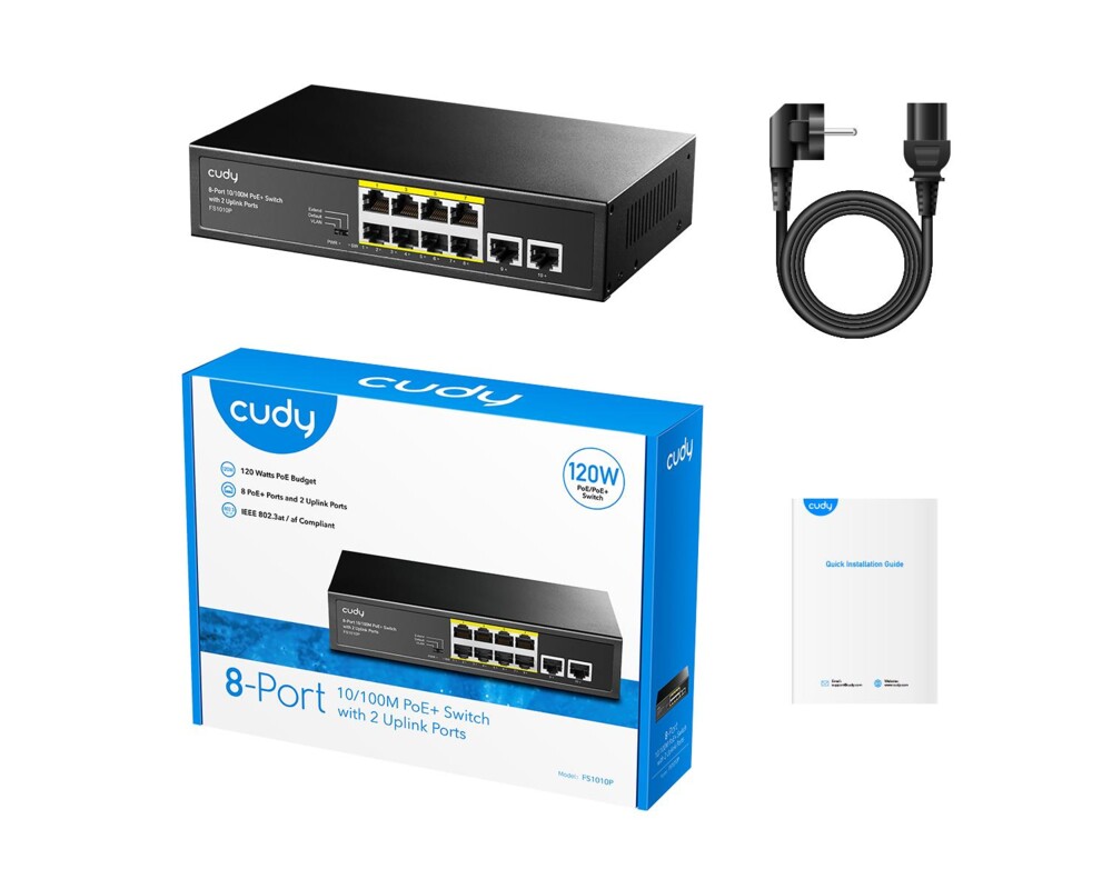 Switch (Комутатор) Суич Cudy FS1010P, 8 портов, 10/100, PoE+ Switch 120W, 2 x Uplink порта 5