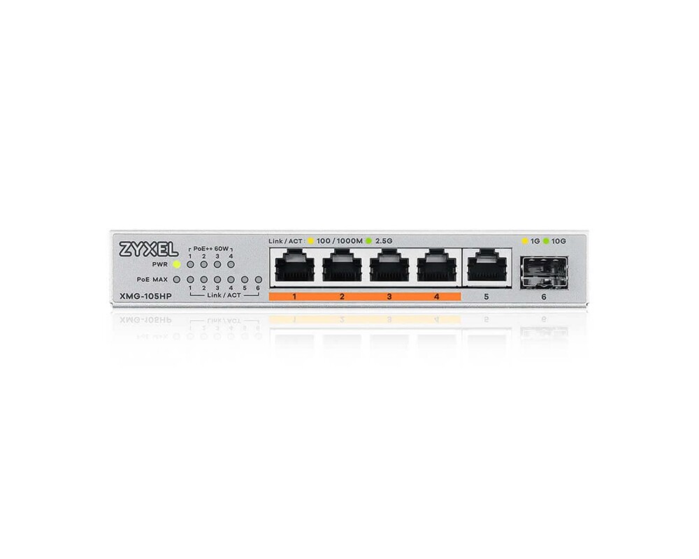 Switch (Комутатор) Суич ZyXEL XMG-105  5 портов 2,5Gb + 1xSFP+, 4 порта 70W PoE++, неуправляем 2