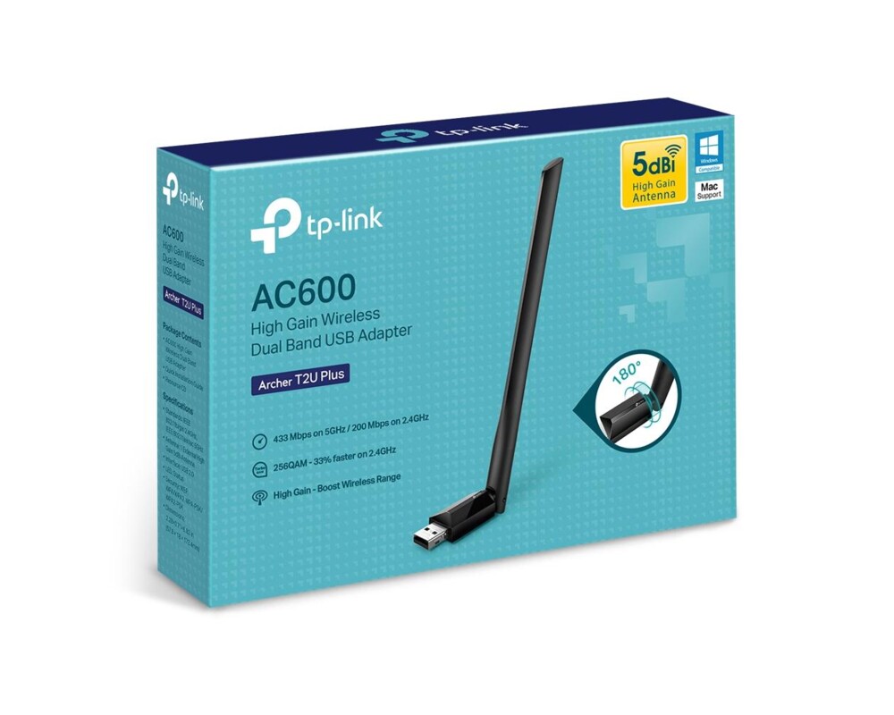 Мрежова карта адаптер TP-LINK Archer T2U PLUS, AC600, Dual band, USB, външна антена 5 dBi 6