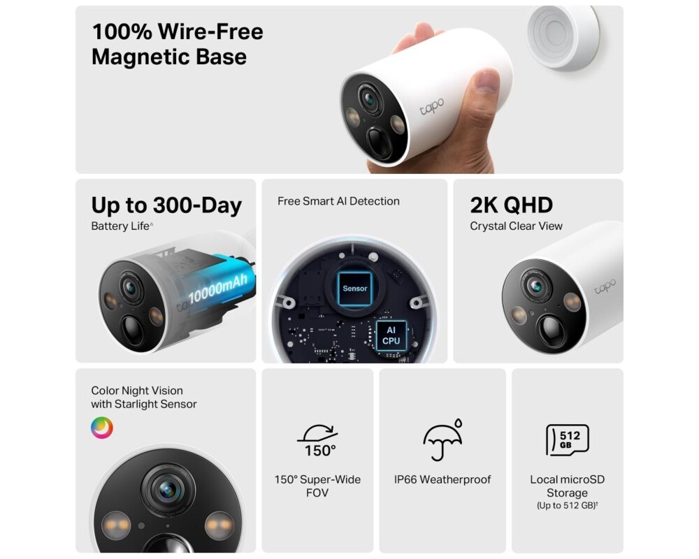 Цифрова IP камера Охранителна WiFi  TP-Link Tapo C425, Външен/вътрешен монтаж, WiFi 7