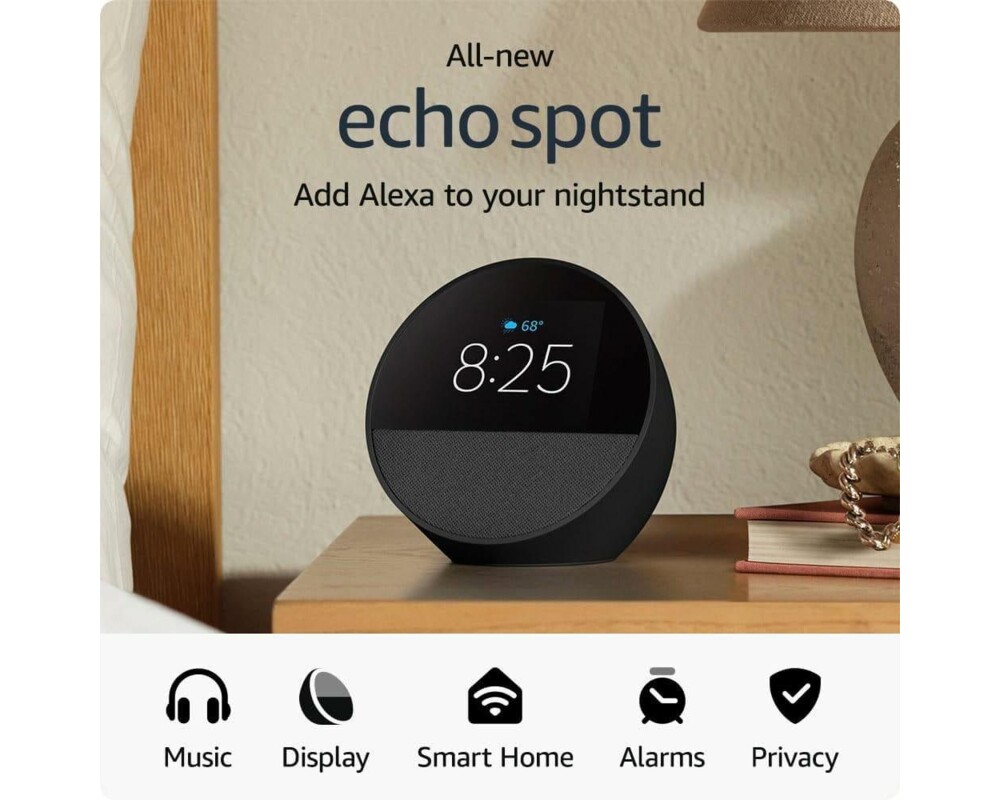 Тонколони Смарт часовник Amazon Echo Spot 2024, Alexa асистент, Черен 4