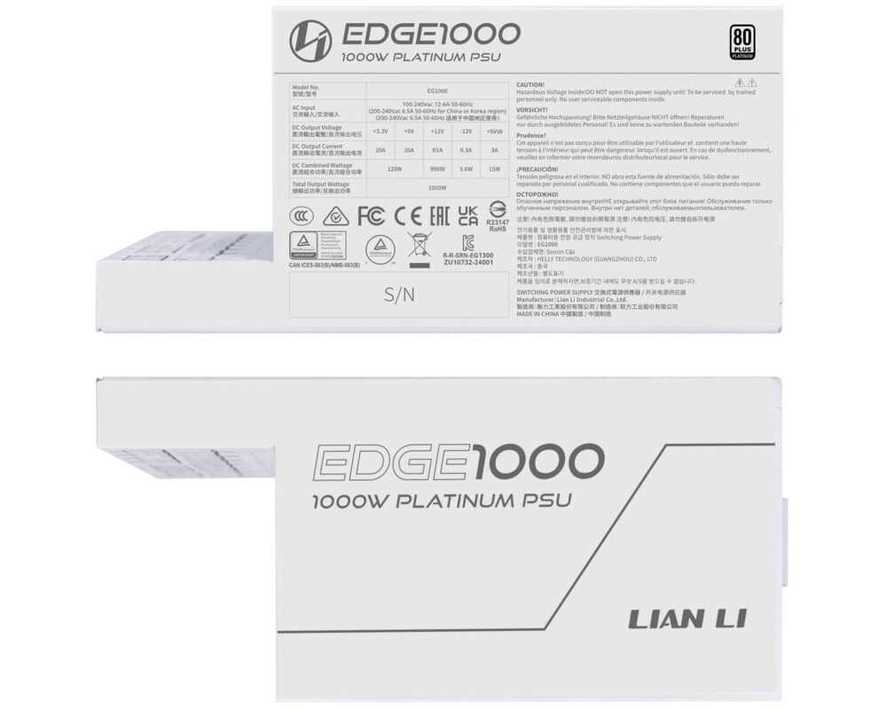 Захранване Lian Li EDGE EG1000 White 1000W 80+ Platinum PCIe 5.1, ATX 3.1 7