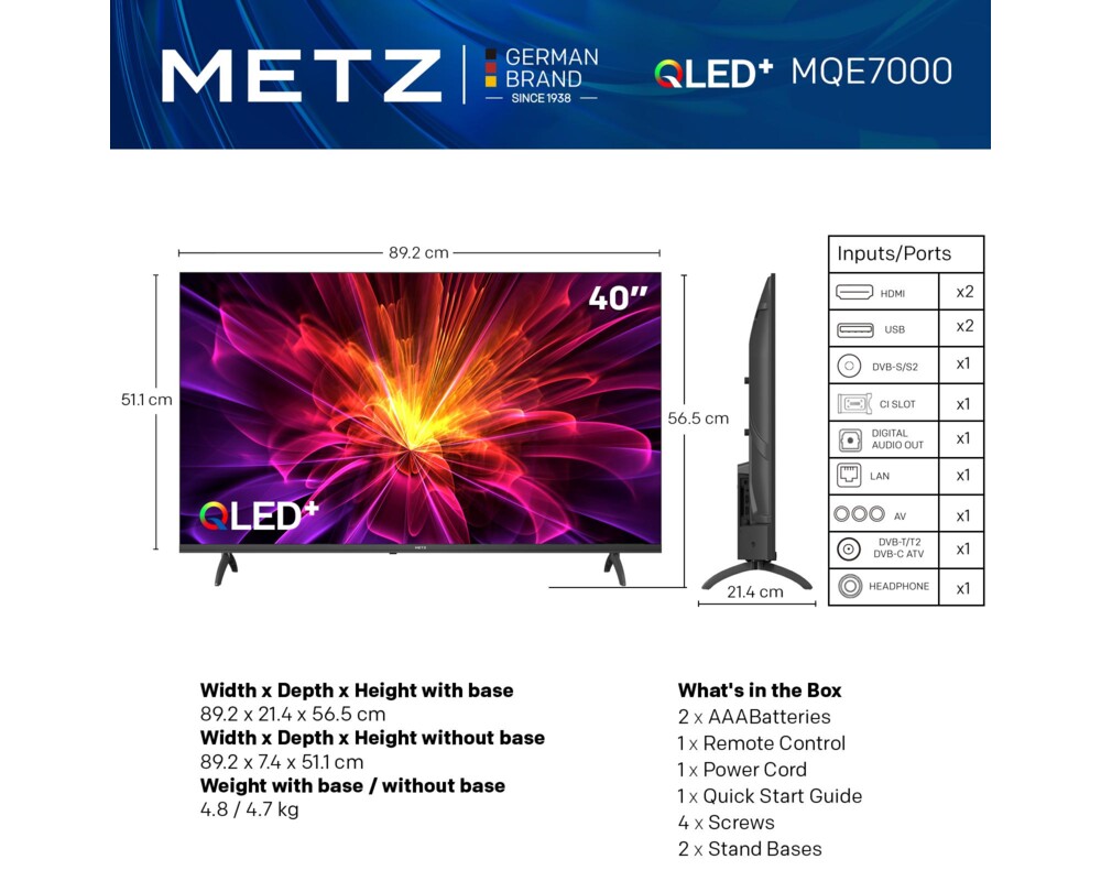 Телевизор METZ 40MQE7000, 40"(100 см), QLED, Google TV, FND, 60Hz 2