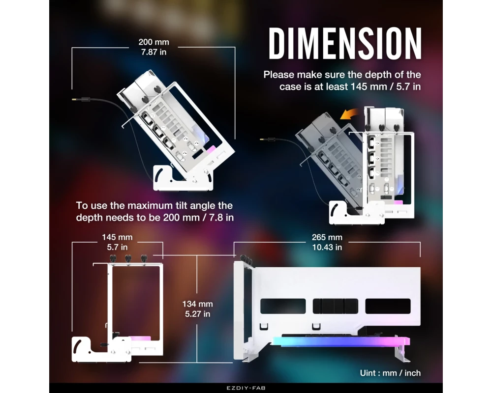 Контролер Брекет за вертикален монтаж на 45° GPU EZDIY-FAB ARGB PCIe 4.0 Riser Cable - Бял 3