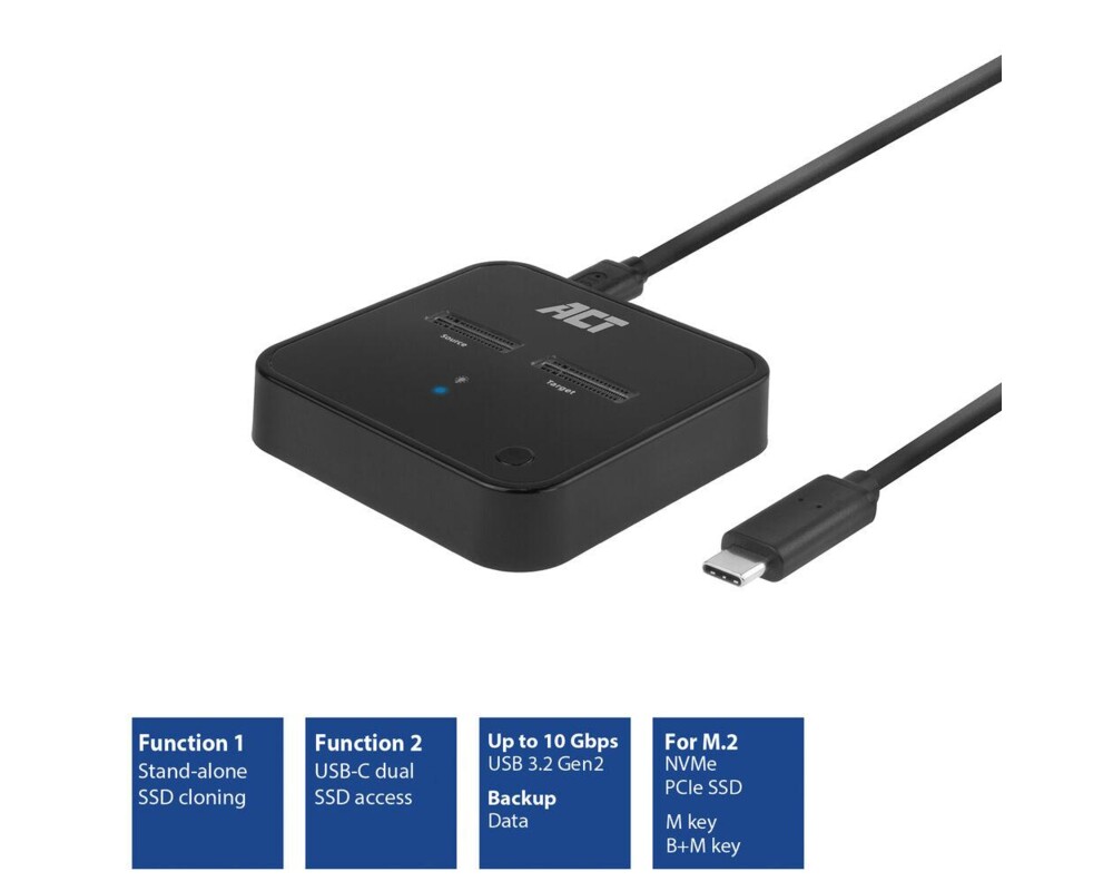 Адаптери Двойна SSD докинг станция, ACT M.2 NVMe/PCIe за клониране, USB-C 3.2 Gen2 2