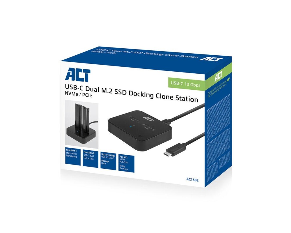 Адаптери Двойна SSD докинг станция, ACT M.2 NVMe/PCIe за клониране, USB-C 3.2 Gen2 9