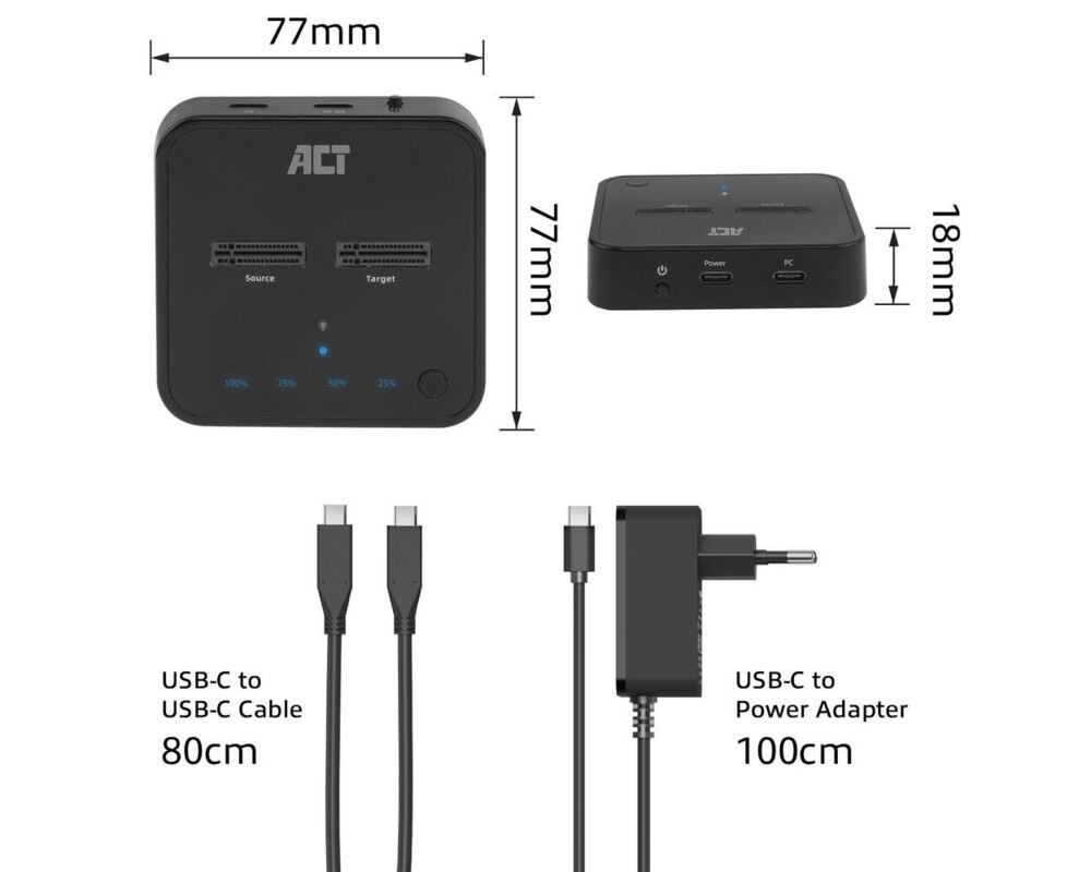 Адаптери Двойна SSD докинг станция, ACT M.2 NVMe/PCIe за клониране, USB-C 3.2 Gen2 8