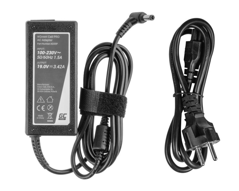 Зарядно Захранване за лаптоп GREEN CELL, PRO Charger / AC Adapter 19V 3.42A 65W for Asus R510C R510L R556L X550C X550L Toshiba Satellite C650 L750 5.5mm-2.5mm 3