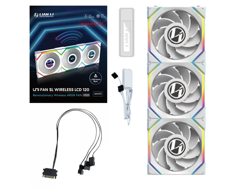 Вентилатор и 3бр Lian Li UNI FAN SL Wireless LCD Reverse Blade ARGB PWM - 120 mm Бели 11