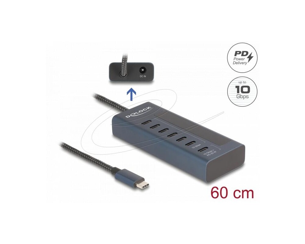 USB хъб Delock USB Хъб, 7 порта, 10 Gbps, 6 x Data USB-C, 1 x PD 20W 2