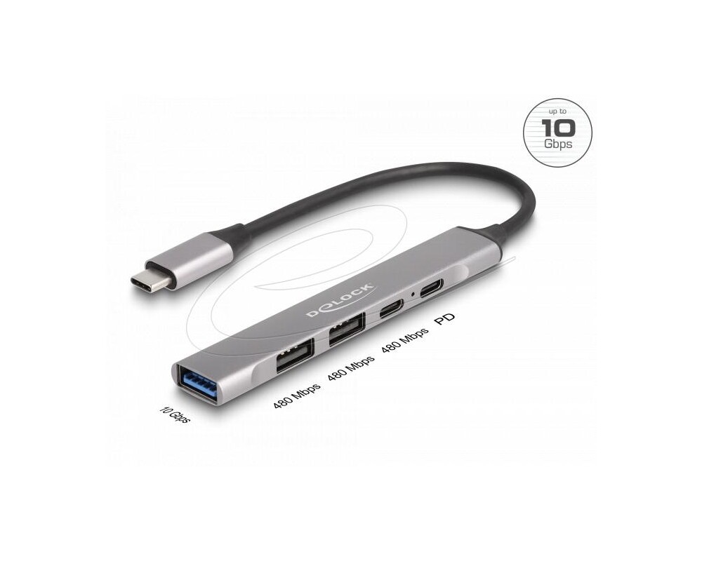USB хъб Delock Хъб USB-C, 4 порта, 1 x USB-A 10 Gbps, 2 x USB-A, 1 x USB-C, USB-C PD 95 W