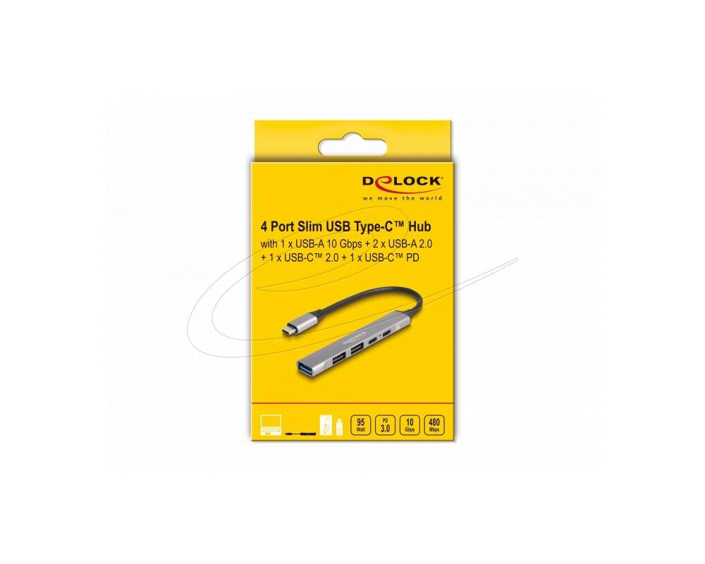 USB хъб Delock Хъб USB-C, 4 порта, 1 x USB-A 10 Gbps, 2 x USB-A, 1 x USB-C, USB-C PD 95 W 3