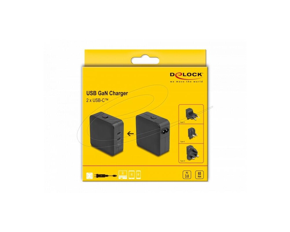 Зарядно Delock  GaN, 2 x USB-C, PD 65 W, адаптер за EU / US / UK 5