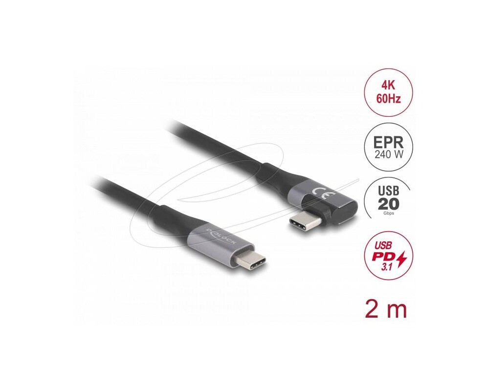 Кабел Delock USB-C Кабел 90°, 20 Gbps USB PD 3.1, 240W, 2 m 2