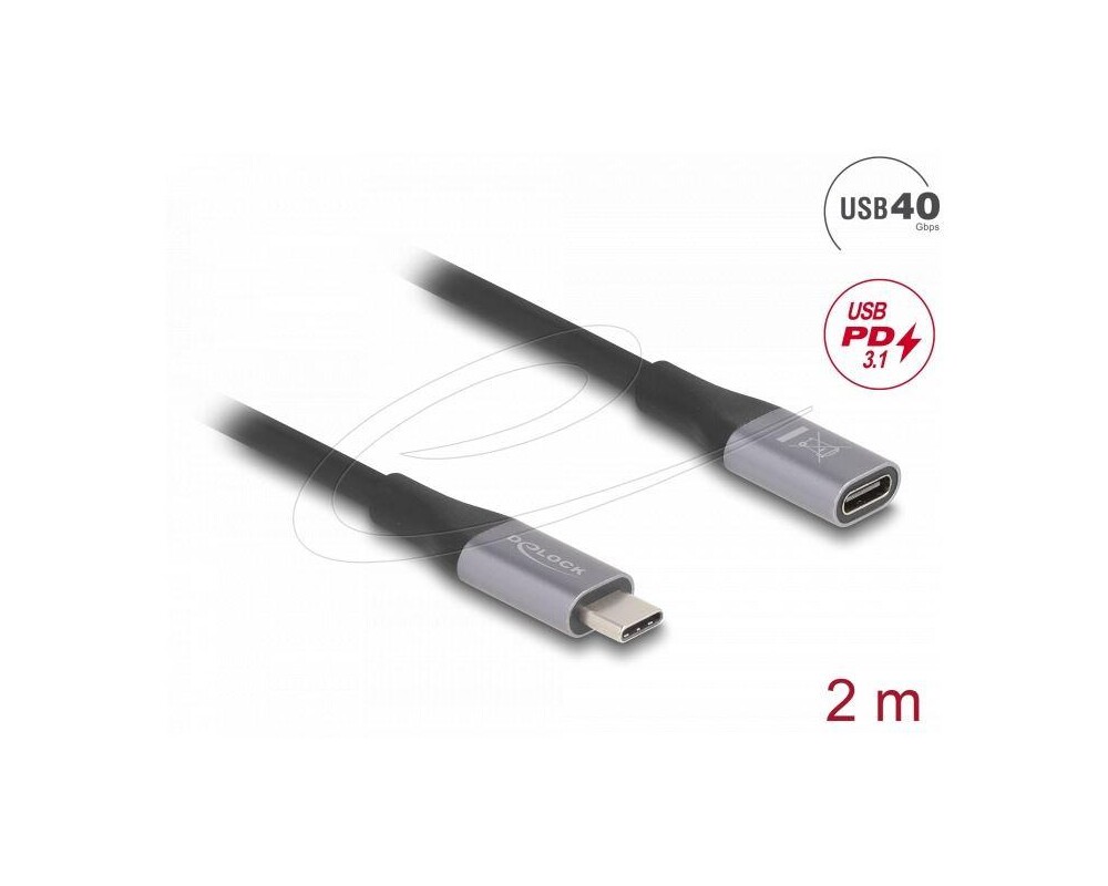 Адаптери Delock Удължителен кабел USB-C, 40 Gbps, PD 240W, 2 м, сив 2