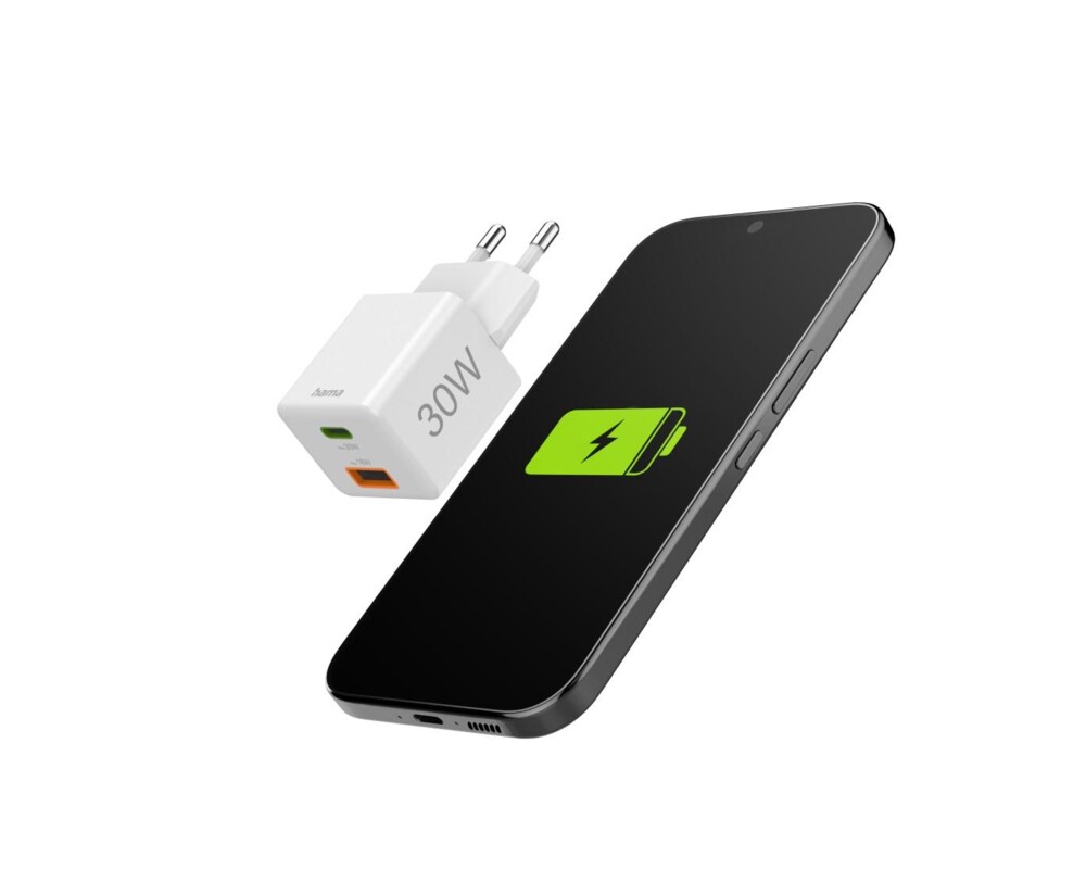 Зарядно HAMA Бързо мини Gan , 30 W, 1x USB-C, 1x USB-A, PD, бял 9