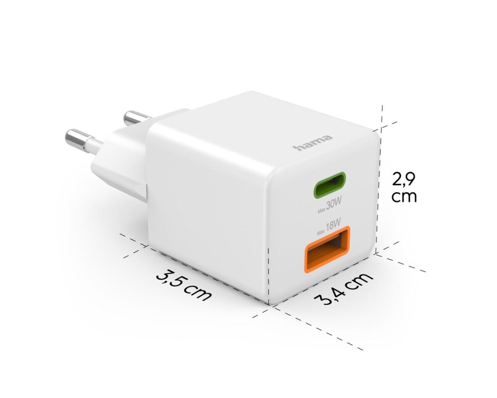 Зарядно HAMA Бързо мини Gan , 30 W, 1x USB-C, 1x USB-A, PD, бял 18