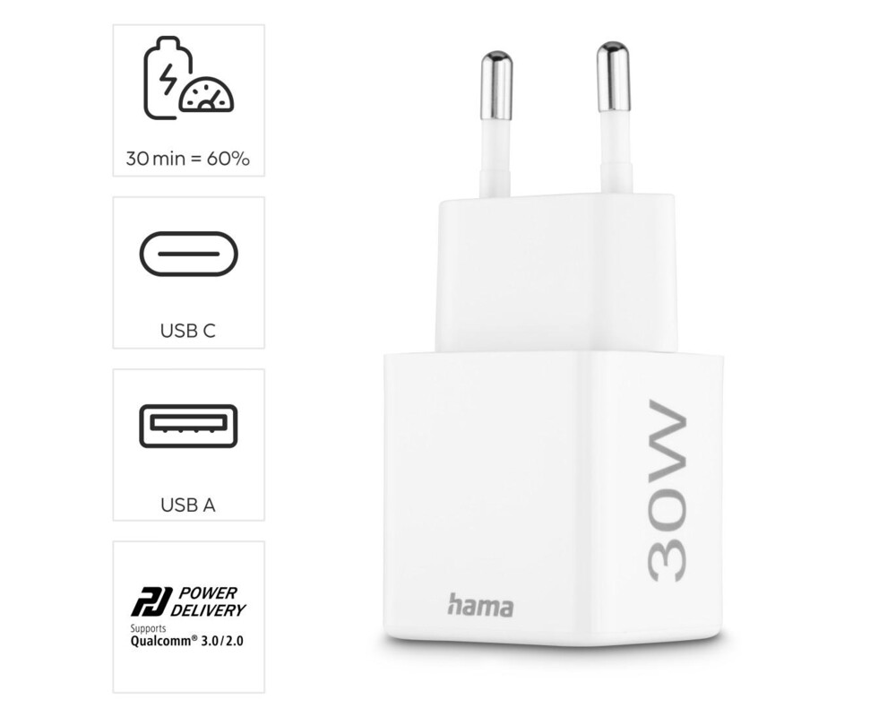 Зарядно HAMA Бързо мини Gan , 30 W, 1x USB-C, 1x USB-A, PD, бял 17