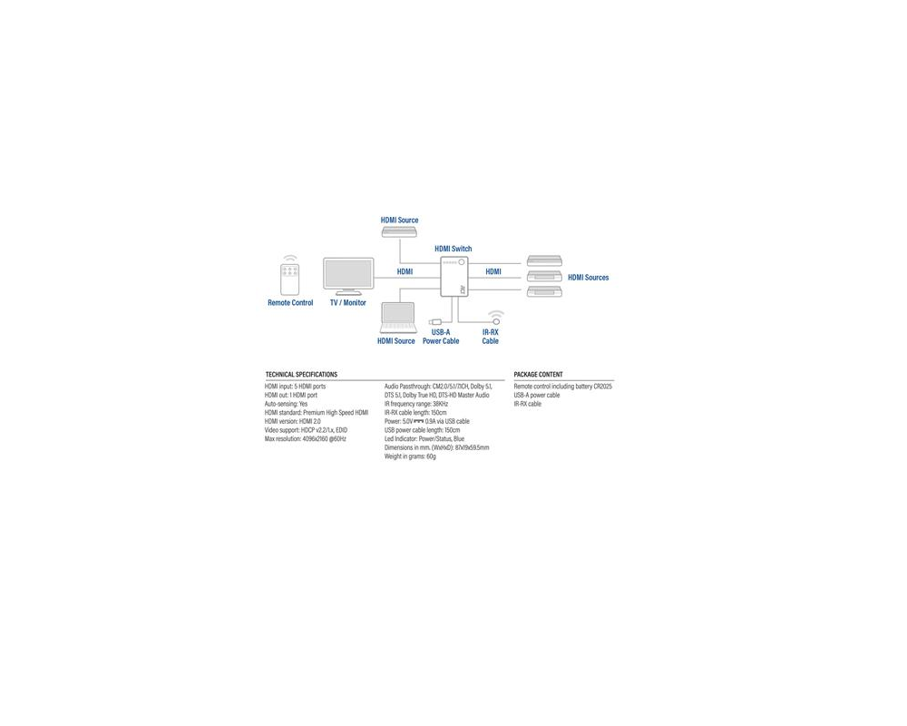 Кабел HDMI суич ACT AC7841, 5/1, 3D, 4K@60Hz, Черен 4