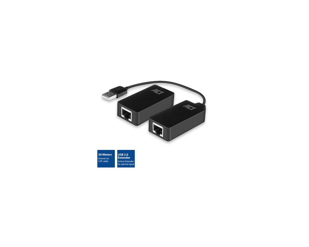 Адаптери Активен USB удължител ACT AC6063, USB 2.0, UTP до 50 метра, 480 Mbps, Предавателен модул, Приемник и захранващ адаптер 5