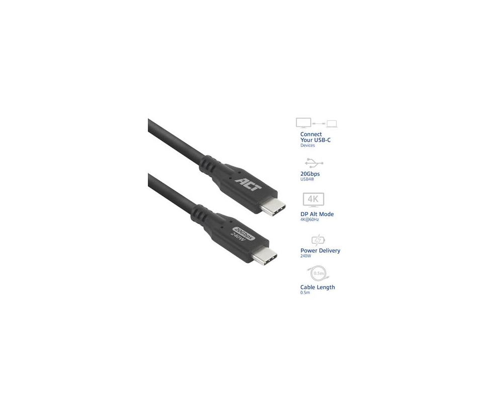 Кабел ACT Кабел USB-C - USB-C, 0.5 м / USB4, 20Gbps, 240W 2